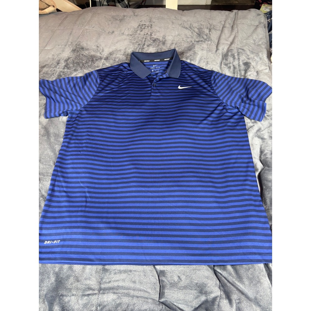 NIKE GOLF DRI-FIT Men's XL Blue Striped Short Sleeve Polo Shirt‎